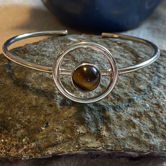 Sterling & Tiger’s Eye Vintage / Modern-Style Cuff Bracelet - Picture 2 of 6